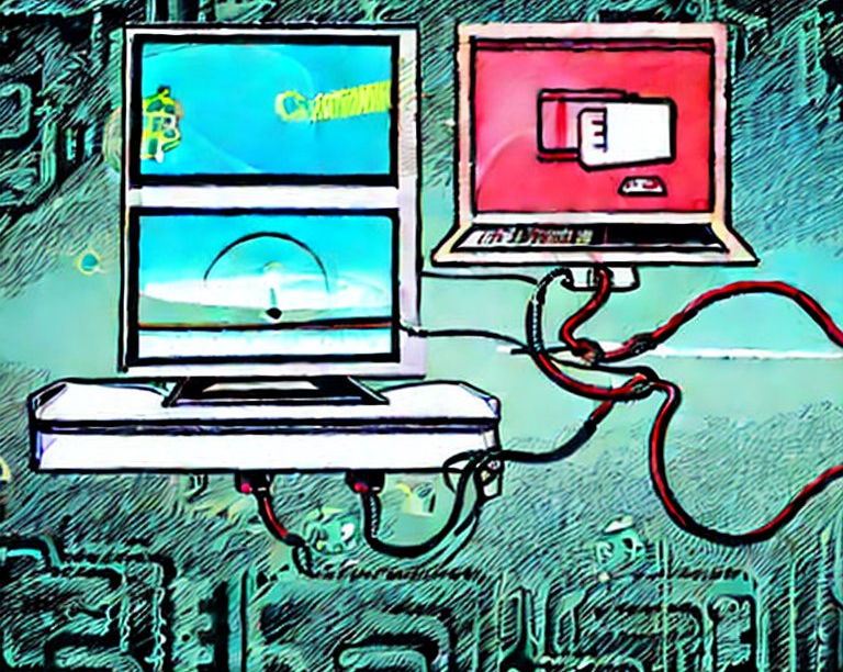 two computers connected via a cryptographically secured wired connection, landscape, comic style