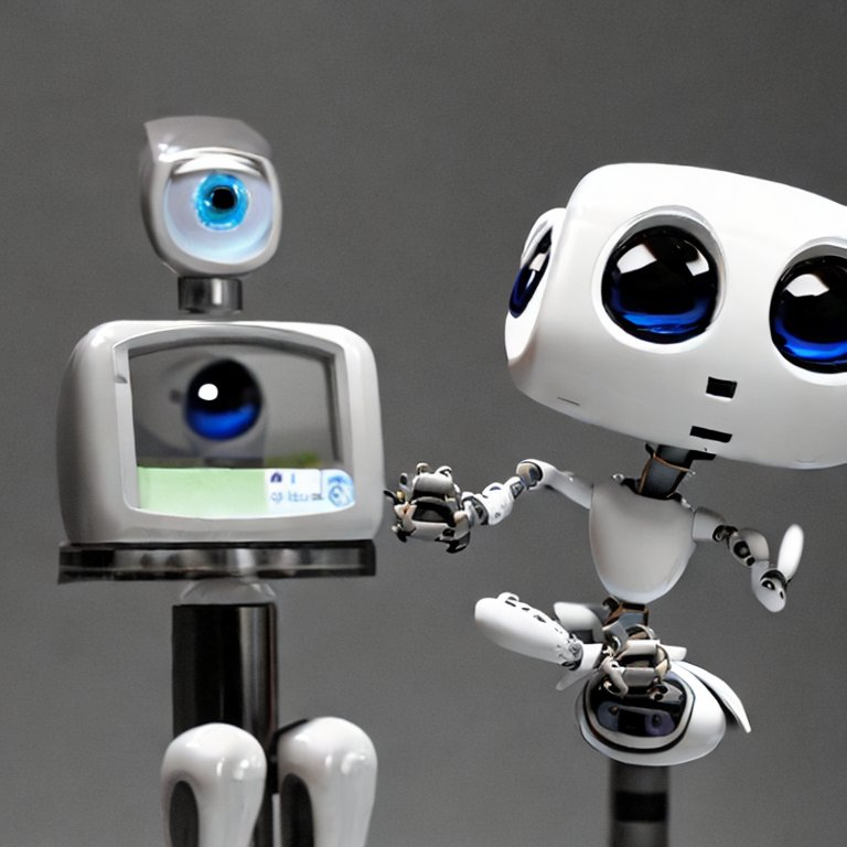 A cute and tiny robot with big eyes interacts with a machine to make a clone of himself. The machine has a camera to replicate the robot.