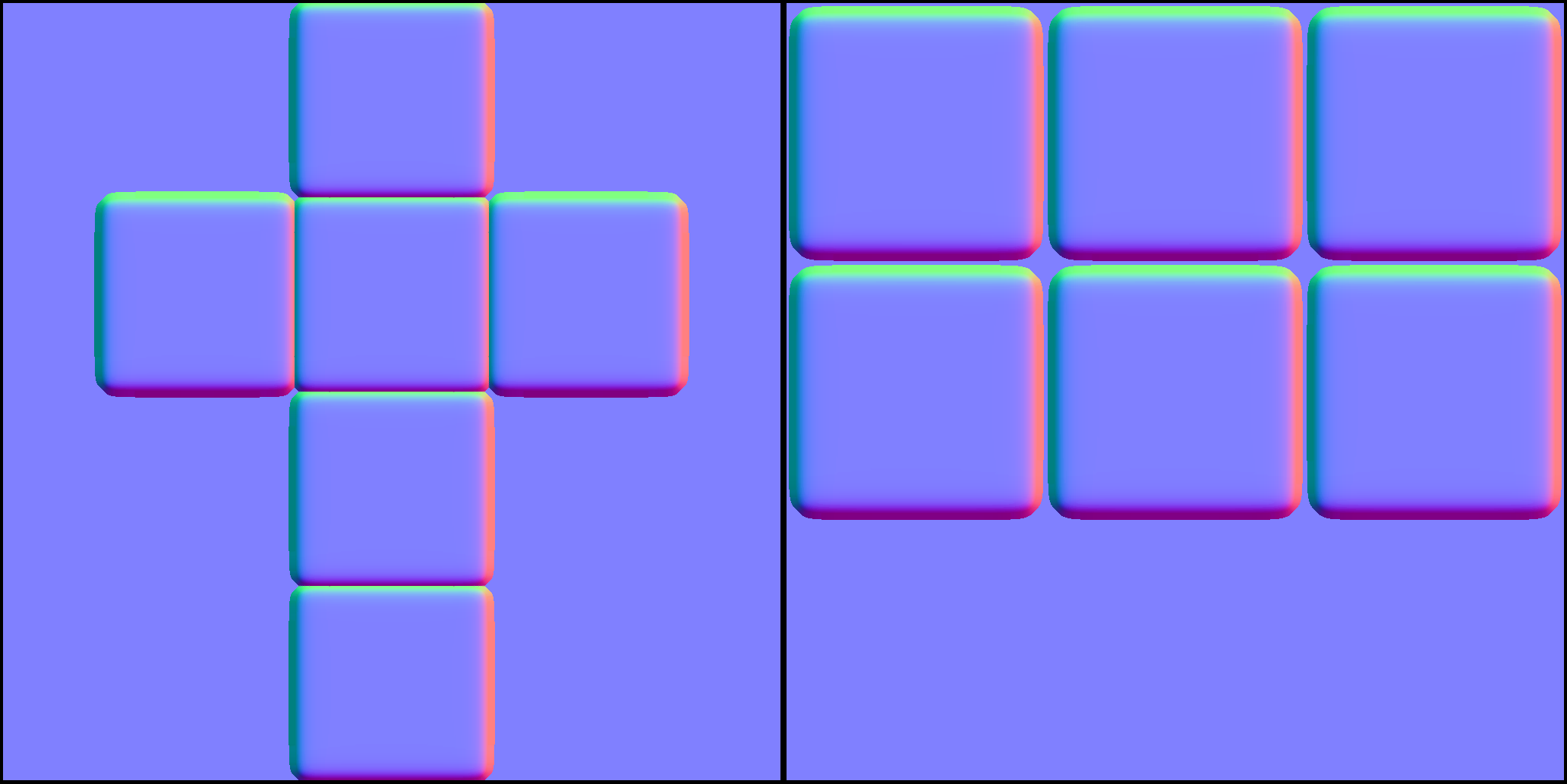 Ergebnis des Normal-Bakings für die unterschiedlichen UV-Layouts (links: 1 UV-Shell ohne Padding; rechts: 6 UV-Shells mit Padding)