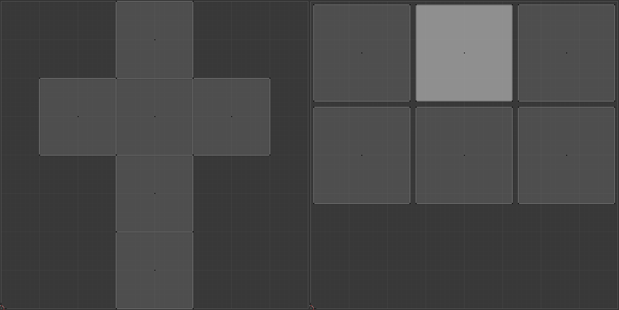 2 UV-Layouts für einen einfachen Cube (links: 1 UV-Shell ohne Padding; rechts: 6 UV-Shells mit Padding)
