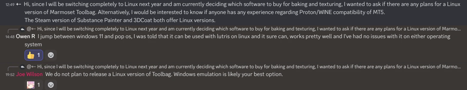Discord screenshot confirming that Marmoset Toolbag 5 should run with Lutris / Wine.