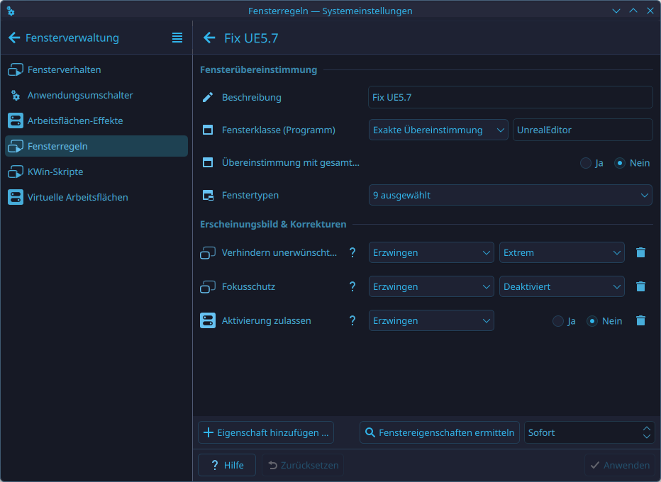 Screenshot Plasma / KDE Fensterregel für UE 5.7